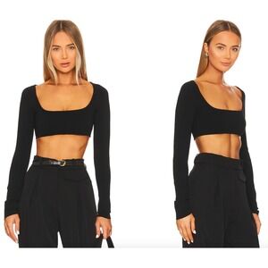 A.L.C Belle Cropped Black Ribbed Long Sleeve Square Neck Top Women's Size M EUC